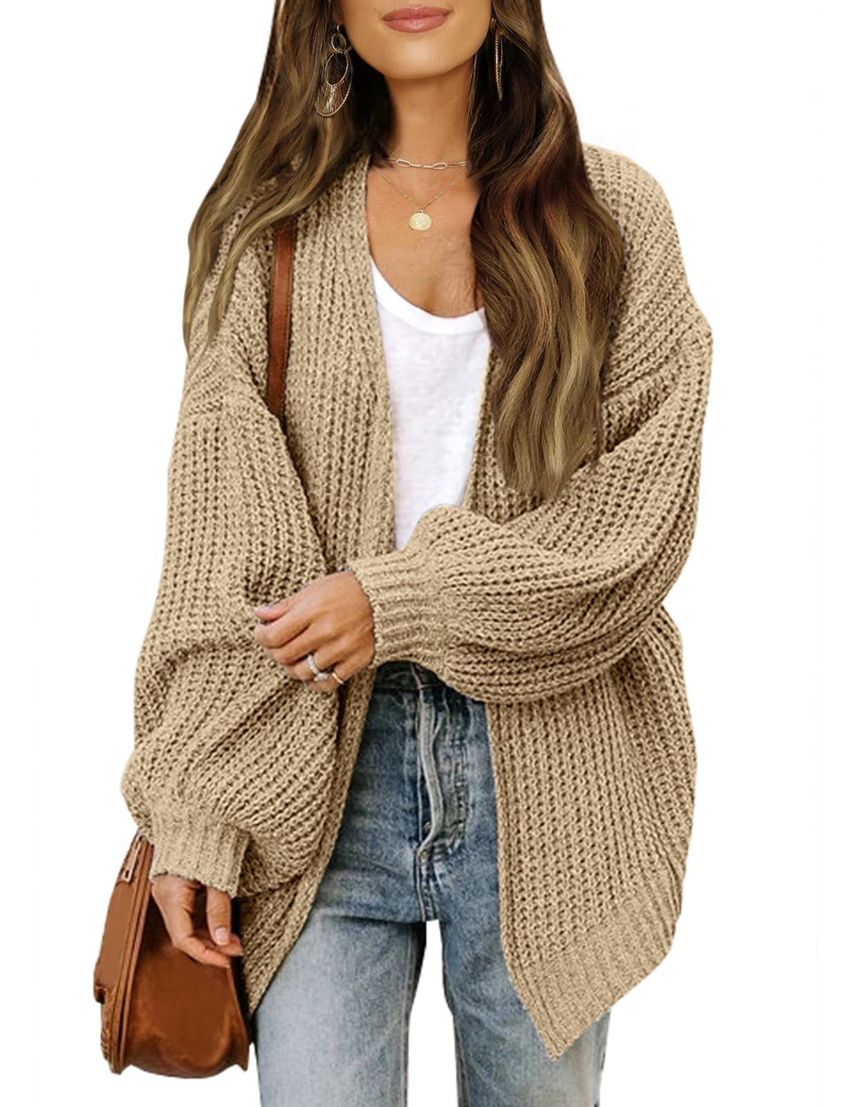 Chunky Knit Open Cardigan with Balloon Sleeves – Women – Camel – worn